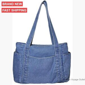 Medium Denim Tote Bag with Multiple Pockets, Canvas Handbag for Women